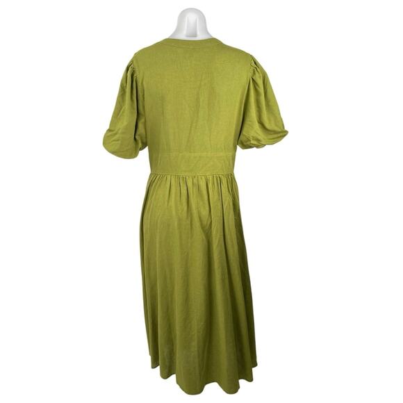 Nobody's Child Women's Green V-neck Short Puff Sleeve Midi A-Line Dress Size 8 - Picture 3 of 5